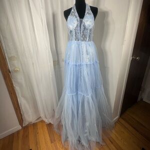 Elegant Baby Blue Fairytale Beaded Halter Prom Dress